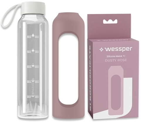 Wessper glasflaska med silikonhölje, borosilikatglasflaska med tidsangivelse 1 liter, sportflaska Idealisk för fitness, skolidrott, barn, BPA-fri drickmotivation - Gammalt rosa