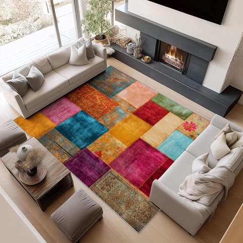 AUWUUA Abstrakt retro lapptäcksmatta för sovrum, 90 x 150 cm, bohemiska färgblock, halkfri, tvättbar, perfekt för kök, matsal och hall. Tunn.
