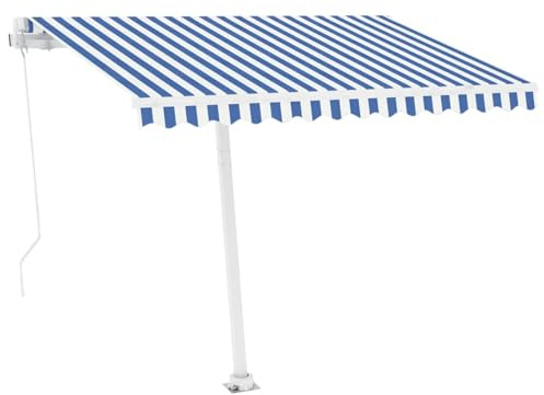 HOMELEN Standmarkise Manuell Einziehbar 300x250 cm Blau/Weiß, Markise Balkon Ohne Bohren, mit Handkurbel Alu-Markise UV-Beständig Höhenverstellbar & Wasserabweisend | Sonnenschutz Für Laden