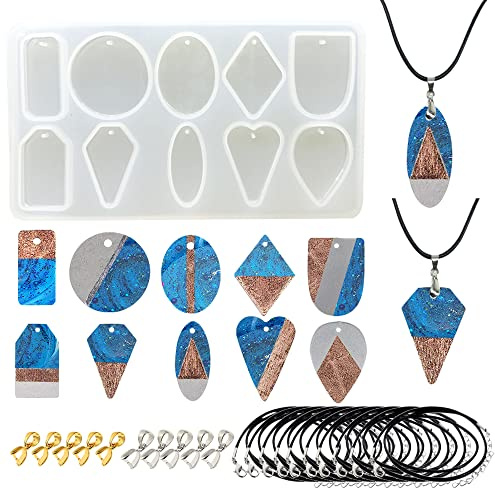Woohome 10 Cavity Stampo Silicon Ciondolo Geometria Muffa di Silicone Stampo di Gioielli per Resina, Corda di Cera Nera per Creazione di Gioielli