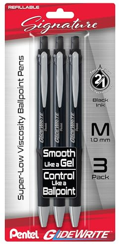 Pentel Glidewrite Signature Ballpoint Pen, (1.0mm) Medium, Black Barrel, Black Ink, 3-pk (BX930ABP3A)