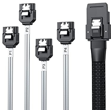10Gtek 6G Internal Mini SAS 36pin SFF-8087 Male to 4x SATA 7pin Female Fan-Out Forward Breakout Cable with Shrapnel, 1-Meter(3.3-ft)