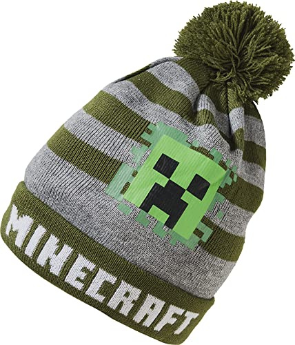 Minecraft Bonnet d'hiver pour enfant - Bonnet à pompon Creeper - Bonnet tricoté garçon - Taille 52/54 - Produit sous licence officielle - Vert/gris - Polyacrylique, gris, 52
