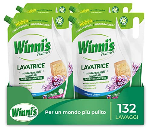Winni’s - Detersivo Lavatrice Ipoallergenico Ecoformato, 132 Lavaggi, Aleppo e Verbena, con Smacchianti Naturali da Biofermentazione e Materie Prime di Origine Vegetale, 1485mlx4 Confezioni