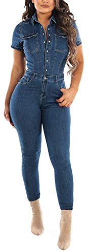 Buetory Women's Sexy Short Sleeve Bodycon Denim Jumpsuits One Piece Stretchy High Waist Slim Fit Jeans Rompers with Pockets(Blue,Medium)