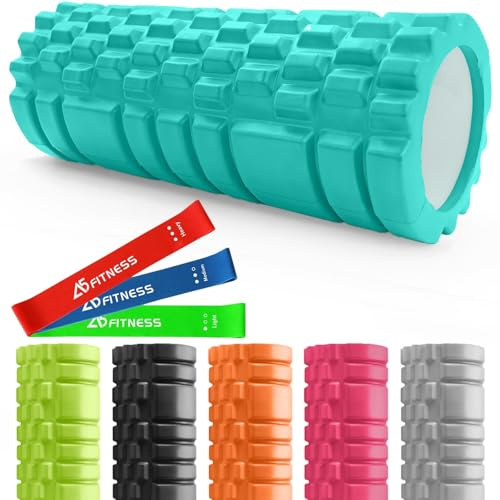 Foam Roller Teal with 3 Resistance Level Bands - Lightweight High Density | Relief from Muscle Pain, Fatigue, Improves Tissue Recovery, Leg Roller, Sports Massager, Therapy for Gym, Yoga, Pilates