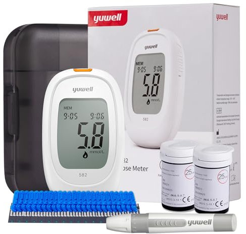 yuwell Blood Sugar Monitor with Test Strips x 50 and Lancets x 50, Blood Glucose Meter Ideal for Home Use, Batteries Include (Model 582)