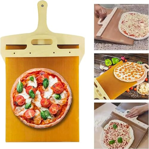 HOPEGRUM Pala per pizza scorrevole, per pizza intelligente, per trasferire perfettamente la pizza, antiaderente, pala scorrevole per pizza con manico (57,9 x 30 cm), media, marrone