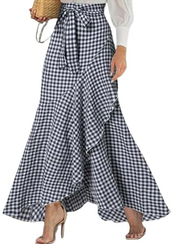 Falda larga Chouyatou para mujer, estilo sirena, informal, con estampado de cuadros, de línea A, con volantes irregulares en el dobladillo, cola de pescado, Azul marino (Plaid Navy), M