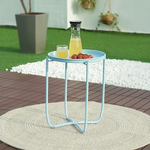 [en.casa] Sidobord utomhus Sandefjord brickbord balkongbord med avtagbar bricka trädgårdsbord 53xØ40 cm rund metall himmelsblå