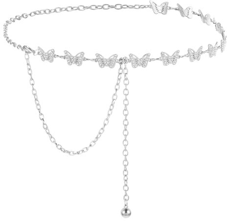 GEEHUA Damen Kettengürtel, Taillengürtel Schmetterlings, Taillengürtel aus Legierung mit Strasssteinen, Modischer Gliederkettengürtel für Mädchen und Frauen Jeans Kleider (Silber)