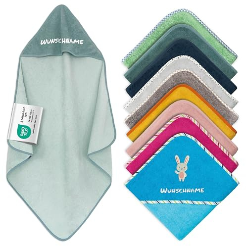 my STITCHERY Kapuzenhandtuch Baby mit Namen Bestickt, Oeko-TEX® Standard 100 - Personalisiertes Babyhandtuch mit Kapuze aus Reiner Baumwolle mit gesticktem Namen und Motiv (Mint, 100 x 100 cm)