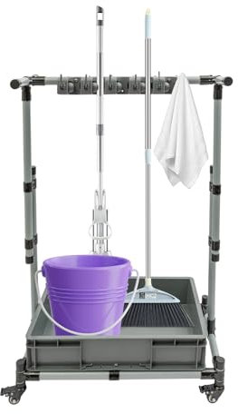 Porta scopa e porta mocio, carrello di pulizia con 10 fori per mop, 12 ganci pieghevoli, 4 ruote universali e 1 serbatoio dell'acqua, capacità di carico 100 kg, altezza regolabile 75-125 cm, supporto