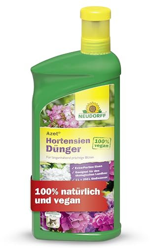 Neudorff Azet HortensienDünger - 100% natürlicher Bio Dünger mit hohem Kaliumgehalt und Extra Eisen für prächtig blühende Hortensien im Beet und Kübel, 1 Liter