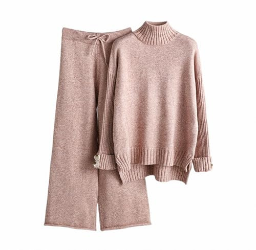 MSIYOW Conjunto de Punto 2 Piezas Mujer Jersey de Invierno Pantalones Anchos Otoño Conjuntos Deportivos Chándal Casual(S, B Rosa)