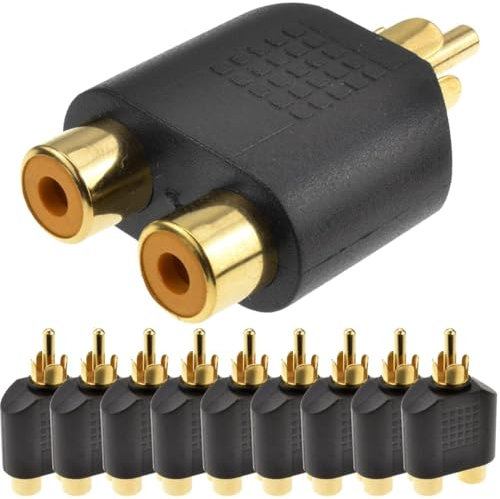 TECHZOCO Adaptador de Audio 2X RCA Hembra a Macho, Adaptador Doble RCA, Conector Dorado, Apto para subwoofer, Amplificador, TV, Reproductores CD/DVD, 10 Unidades