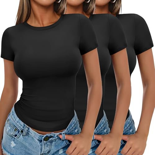 Ekouaer Womens 3 Pack Short Sleeve Tops Crew Neck Basic T-Shirts Stretch Fitted Summer Crop Top Aesthetic Streetwear, Black*3, M