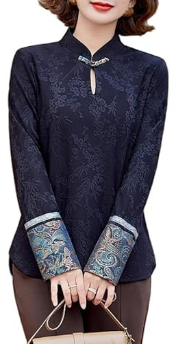KIJSKKOPO Camicette A Maniche Lunghe da Donna, Qipao Rosso con Colletto Alto, Fibbia, Pullover in Jacquard con Fiori di Prugna, Camicette Eleganti, vestibilità Slim, T Shirt Elegante, Top Corti, Ha