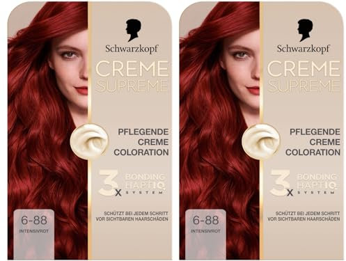 Schwarzkopf Creme Supreme Coloration 6-88 Intensivrot (2x 182 ml), dauerhafte Haarfarbe mit Serum und Haar-Maske schützt vor sichtbaren Haarschäden, für 100% Grauabdeckung