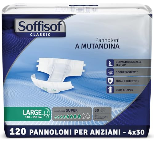 Soffisof Classic Windeln für Erwachsene Super L - 120x Inkontinenz Slip - 4 Packungen mit 30 Erwachsenen Windeln, 8 Tropfen - Inkontinenz Einwegslip