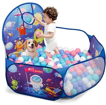 ZimiTeda Vasca Palline per Bambini con Gattini e Cagnolini - con Canestro da Basket, Pieghevole, per Interni/Esterni - 120 cm (Palline Non Incluse) (Space Rocket)