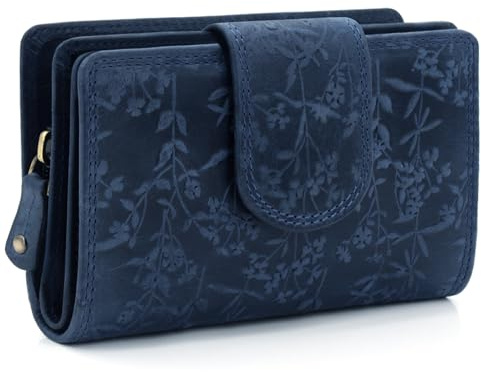 ekavale Damen-Portemonnaie im Querformat, Blütenmuster, RFID-Schutz, Leder, viele Fächer, dreigeteiltes Münzfach (Navy)