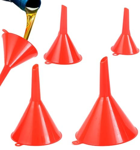 4 Pieces PP Funnel Set for Kitchen and Automotive Use, Mini, Small, Medium and Large Funnel for Filling Bottles, Canning, Cooking, Lab or Car Oil Funnels (Red)
