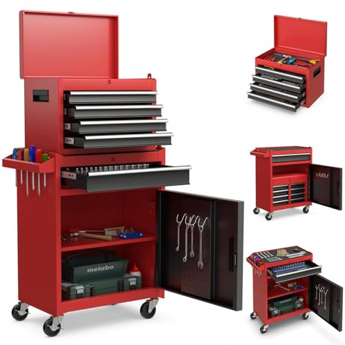 FANTASK Chariot d'atelier verrouillable sur Roues - Servante à Outils Professionnelle 2 en 1 avec Mallette et 8 Compartiments, Crochets et étagère réglable - 59 x 28 x 102 cm - Rouge
