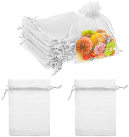 50pcs Organza Bags, Mesh Gift Bag with Drawstring, 3 x 4 inch Jewelry Pouches, Reusable Empty Sachet Bag, Mini Candy Bags for Wedding Christmas Party Wrapping Supplies(White)