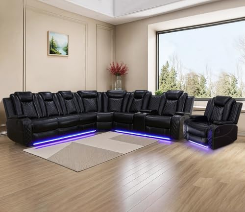 Caberryne Power Sectional Sofa for Living Room Furniture Sets,Leather Reclining Corner Sectional Sofa with 3 Recliner Seats/LED Light/Cup Holder/Storage Console,Black
