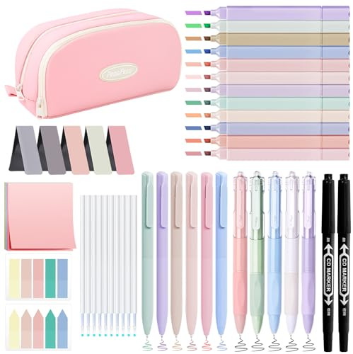 YIBONIKA 44 PCS Aesthetic School Supplies with Pen Case, 6 Colour Pens, 12 Pastel Highlighters, 5 Black Pens, Bookmarks, Essentials Stationery Set for Students Back to School Supplies (Pink)