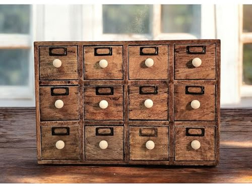 Fyne-Finds 12 Drawer Solid Mango Wooden Trinket Chest Storage Drawers With Ceramic Knob Handles Desktop Organizer
