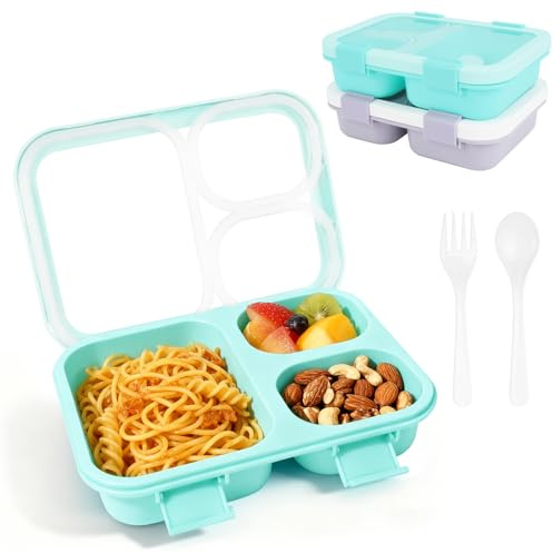 HNCY 2PC Lunch Box, 850ML Loncheras para Niños y Adultos, Fiambreras Comida Trabajo y Cuchara Tenedor, Bento Box con 3 Compartimentos, Microondas y Lavavajillas, para Escuela Guardería Oficina