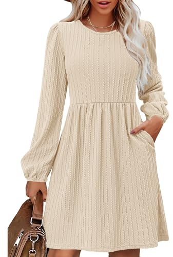 Zeagoo Jumperklänning för kvinnor långärmad vinterklänningar Casaul lös passform stickad skate-klänning med fickor, BEIgE, XL