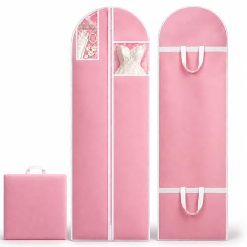 Sytinnice 2Pcs Long Dress Garment Bags, 60×180cm Folding Full Length Garment Cover Bag with Zipper, Pocket & Handle, Breathable Clothes Covers for Gowns Dresses Travel & Storage(Pink)