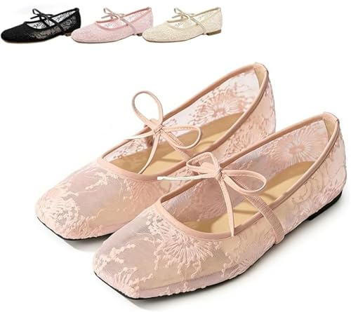 GHTRHSB Ballerine da donna in pizzo ricamate floreali Mary Jane eleganti fiocco punta quadrata scarpe basse leggere traspiranti comode casual scarpe da lavoro per donna, rosa, 37 EU