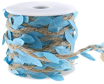 OTOTEC Cordel de yute con hojas, cinta de arpillera natural de 20 m con hojas artificiales, cuerda de cáñamo con bobina para manualidades, hogar, jardín, boda, fiesta, decoración, azul, 66.8 pies