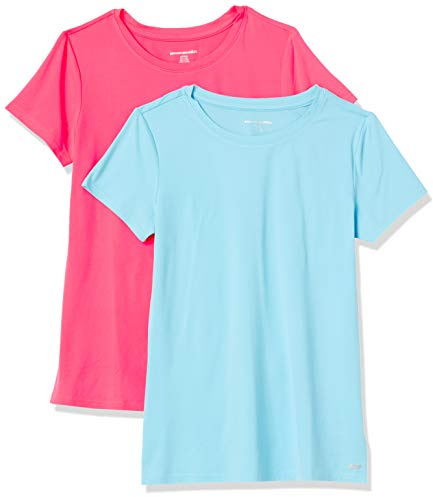 Amazon Essentials Women's Active Quick-Dry Tech-Stretch Short-Sleeve Sports, Gym and Workout Running Tops, Pack of 2, Blue/Neon Pink, S