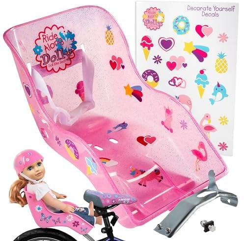 SCS Direct The Original Doll Bicycle Seat (Glitter Pink)-Bike Attachment Accessory for All 18-22 Dolls & Stuffed Animals, Decorate Yourself Decals, Fits Most Bikes, Compatible with American Girl