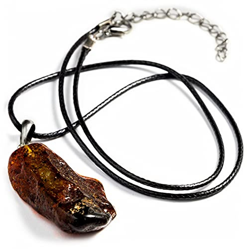 Pendant for Women and men, Genuine Baltic Unpolished Amber, Cord Necklace with Clasp (Small Rock Color), Small and Larger