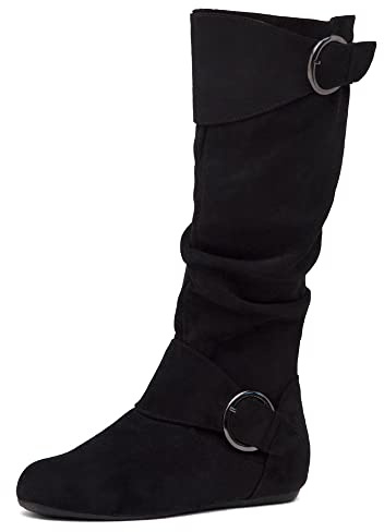 Shoe Land Knee High Boots for Women – Slouchy Suede Flat Boots with Side Zipper, Comfortable Pull-On Fall Winter Knee-High Booties for Walking & Casual Wear, Black, Size 8.0, Bettyy
