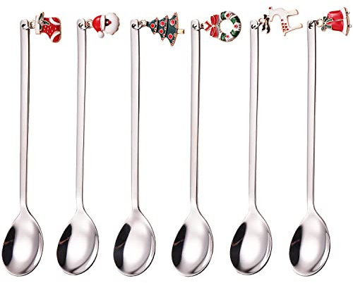 Weihnachtslöffel Set，ESRISE Geschirr Weihnachten Weihnachtsgeschirr Set Kaffeelöffel Bunte Edelstahl Kaffee Weihnachten Löffel， Kleine Zuhause Löffel, Dessertlöffel (Silber)