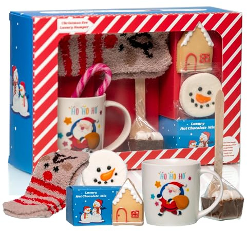 Panier cadeau de luxe pour enfants - Chocolat chaud et guimauve - Avec bonhomme de neige ou chaussettes de renne, bonhomme en pain d'épices