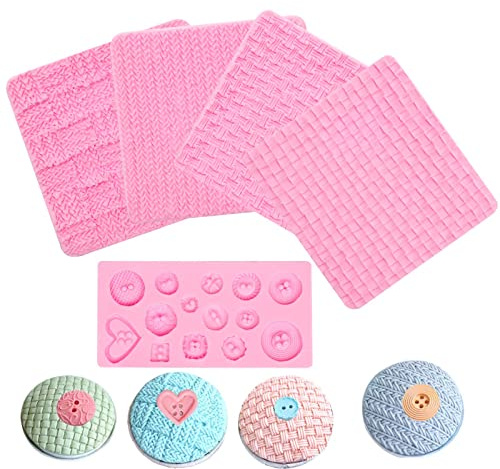 Fondant Impression Mats Molds, Knitting with Button Silicone Chocolate Molds (5 Packs), Sweater Design Knit Impress Texture Stamp Mat for Baby Shower, Birthday Cake Decorating Cupcakes Topper