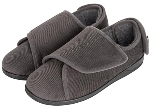 HomeTop Men's Corduroy Slippers Comfy Adjustable Hook and Loop Memory Foam Wide Indoor House Shoes Dark Gray,14 US