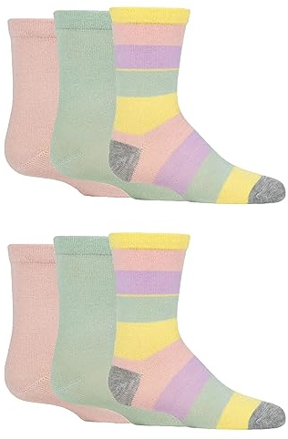 SockShop Kids Bamboo School Socks - Boys Girls Plain Striped Breathable, Soft, Cooling Socks Comfort Cuff Smooth Toe Seams 6 Pairs Sage Pink Stripe 12.5-3.5 Kids (8-12 Years)