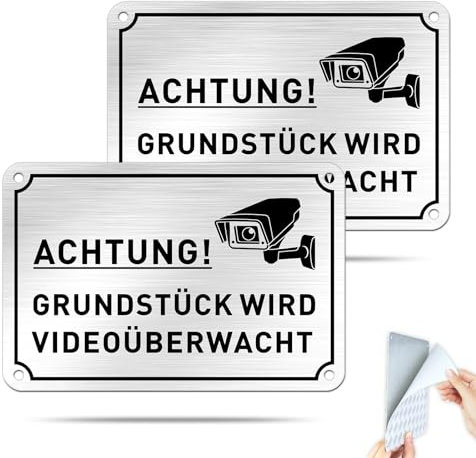 SINMAO 2 Stück Videoüberwachung Schild Aluminium Privatgrundstück mit Klebeband,Dieses Grundstück Wird Videoüberwacht Schild/Videoüberwacht Aufkleber 15×10