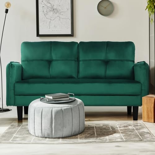 Hello-5ive Sofá de 2 plazas, sofá moderno de terciopelo con cojines gruesos, cómodo sofá para sala de estar, dormitorio, oficina, apartamento, sofá biplaza de 2 plazas con 2 bolsillos, color verde
