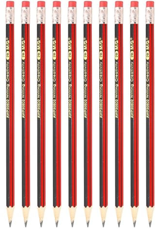 M&G Wooden Hexagonal Pencils, 10 Pcs 2B Graphite Round Pencils with Eraser for Classroom & Office, Red & Black
