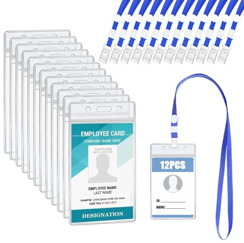 Portatarjetas de Identificación, 12Pcs Vertical Funda Tarjeta Identificación con Cordón de Cuello Soporte para tarjetas de identificación Trasparente Porta Credencial de PVC Para Negocios, Escuela